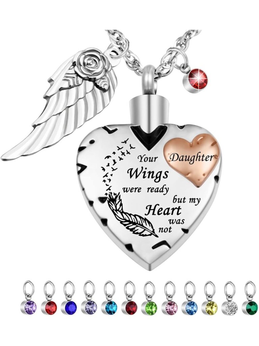 Heart Cremation Necklace for Ashes with 12 Birthstones - Memorial Jewelry Gift